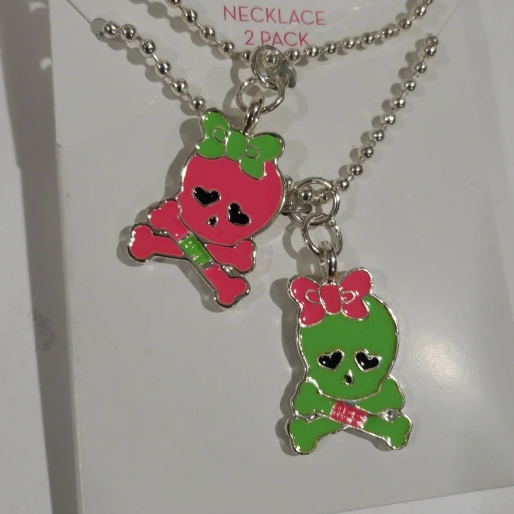 Xhilaration Silver Skull Charm Necklace Set Of 2 - Pink & Green Matching Jewelry